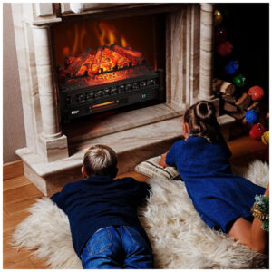 Lareira Elétrica Ecológica 66 cm com Controle Remoto, Toras de Pinho Realista, Cores de Chama Ajustáveis, WiFi e Som Crepitante, 110V 1500W, TURBRO, Preta