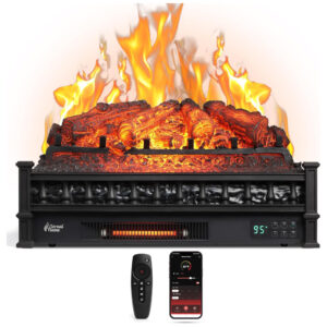 Lareira Elétrica Ecológica 66 cm com Controle Remoto, Toras de Pinho Realista, Cores de Chama Ajustáveis, WiFi e Som Crepitante, 110V 1500W, TURBRO, Preta