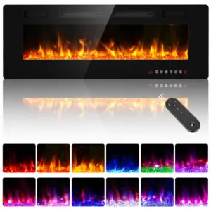 Lareira Elétrica de Embutir Ultrafina A45x127L cm com Temporizador, Controle Remoto e Digital, 110V 1500W, BREEZEHEAT, Preta
