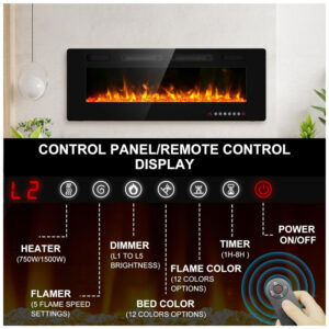 Lareira Elétrica de Embutir Ultrafina A45x127L cm com Temporizador, Controle Remoto e Digital, 110V 1500W, BREEZEHEAT, Preta