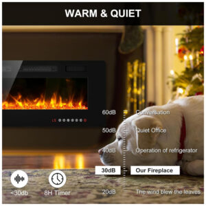 Lareira Elétrica de Embutir Ultrafina A45x127L cm com Temporizador, Controle Remoto e Digital, 110V 1500W, BREEZEHEAT, Preta