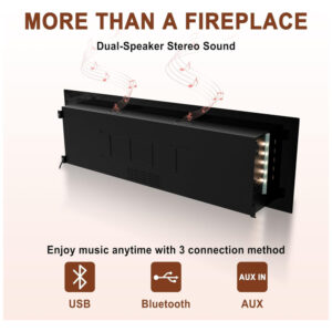 ectq6lwrj9cc0b_4 jpg - Lareira Elétrica de Embutir A45x182L cm com Alto Falantes via Bluetooth, 8 Opções de Chamas, Controle Remoto e Digital, 110V 1500W, MONDAWE, Preta