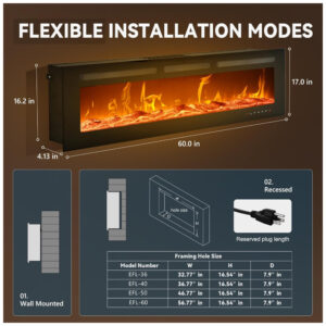 ectq6m3p9zld0b_5 jpg - Lareira Elétrica EUHOMY de 152 cm, Embutida ou de Parede, Chama Ajustável, Aquecedor com Controle Remoto, Timer, Tela Touch, Troncos e Cristais