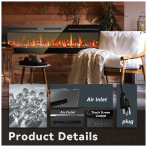 ectq6m3p9zld0b_6 jpg - Lareira Elétrica EUHOMY de 152 cm, Embutida ou de Parede, Chama Ajustável, Aquecedor com Controle Remoto, Timer, Tela Touch, Troncos e Cristais