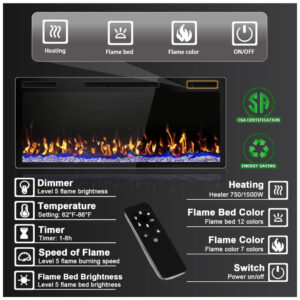 ectq6v772h9d0b_4 jpg - Lareira Elétrica de Embutir Ultrafina A49x106L cm com Temporizador, Controle Remoto, Cor e Brilho da Chama Ajustáveis, 110V 1500W, Pretzi, Preta