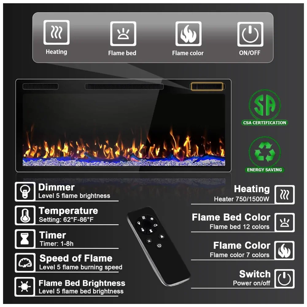 ectq6v772h9d0b_4 jpg - Lareira Elétrica de Embutir Ultrafina A49x106L cm com Temporizador, Controle Remoto, Cor e Brilho da Chama Ajustáveis, 110V 1500W, Pretzi, Preta