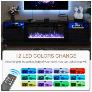 Lareira Elétrica e Suporte de TV com Controle Remoto, 110V, Oneinmil, Preta