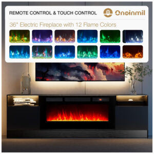 Lareira Elétrica e Suporte de TV com Controle Remoto, 110V, Oneinmil, Preta