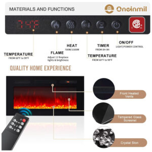 Lareira Elétrica e Suporte de TV com Controle Remoto, 110V, Oneinmil, Preta