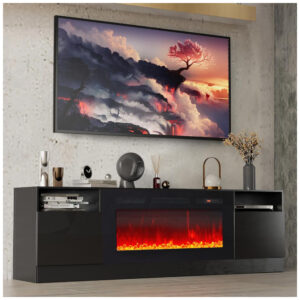 Lareira Elétrica e Suporte de TV com Controle Remoto, 110V, Oneinmil, Preta