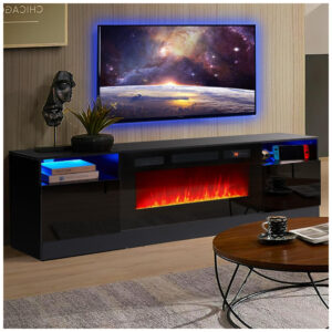 Lareira Elétrica e Suporte de TV com Controle Remoto, 110V, Oneinmil, Preta