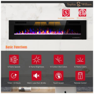 Lareira Elétrica de Embutir Ultrafina A45x182L cm com Temporizador, Controle Remoto e Digital, 110V 1500W, Sophia William, Preta