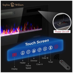 Lareira Elétrica de Embutir Ultrafina A45x182L cm com Temporizador, Controle Remoto e Digital, 110V 1500W, Sophia William, Preta