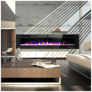 Lareira Elétrica de Embutir Ultrafina A45x182L cm com Temporizador, Controle Remoto e Digital, 110V 1500W, Sophia William, Preta