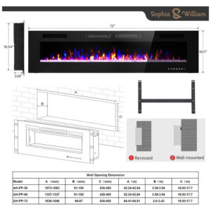 Lareira Elétrica de Embutir Ultrafina A45x182L cm com Temporizador, Controle Remoto e Digital, 110V 1500W, Sophia William, Preta