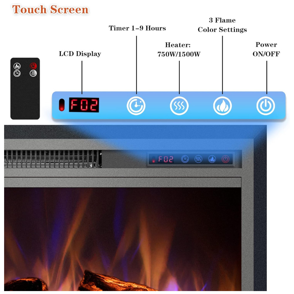 Lareira Elétrica de Embutir A69x127L cm com Controle Remoto, Cores de Chama Ajustáveis, Temporizador e Proteção Contra Superaquecimento, 110V 1500W, Kentsky, Preta
