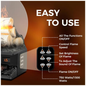 ectq7kclbtfc0b_4 jpg - Lareira Elétrica Ecológica com Controle Remoto, 4 Sons de Chama, Temporizador de 8H, Brilho e Velocidade Ajustáveis, 110V 1500W, Joy Pebble, Preta