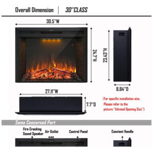 ectq7m6ym6x80b_4 jpg - Lareira Elétrica de Embutir A53x72L Digital, Luz LED, Chama Ajustável, Temporizador e Som de Rachaduras, 1500W, 110v, MASARFLAME, Preto