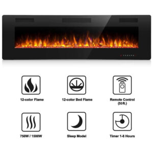 Lareira Elétrica de Embutir A45x106L com Controle Remoto e Digital, Luz LED, Chamas Multicolorida e Temporizador, 1500W, 110v, ANTARCTIC STAR, Preto