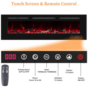 Lareira Elétrica de Embutir A44x165L com Temporizador e Chamas Realista, 110V 1500W, Oxhark, Preta