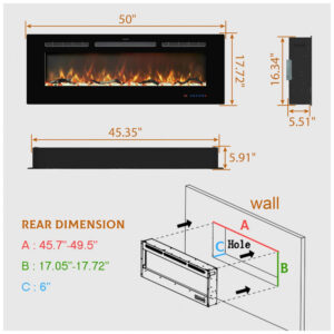 Lareira Elétrica de Embutir A44x127L com Controle Remoto, Tela Sensível ao Toque e Chamas Multicoloridas, 110V 1500W, Kentsky, Preta