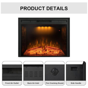 Lareira Elétrica de Embutir A62x78L com Proteção contra Superaquecimento e Chamas Ajustavel, 110V 1500W, Benrocks, Preta