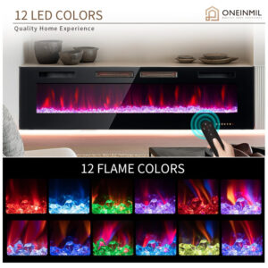 ectq95ffs6lc0b_3 jpg - Lareira Elétrica oneinmil de 173 cm, Embutida ou de Parede, Controle Remoto com Timer, 12 Cores de Chama Ajustáveis, Pedras de Cristal, 750W 1500W.