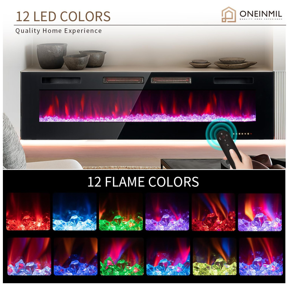 ectq95ffs6lc0b_3 jpg - Lareira Elétrica oneinmil de 173 cm, Embutida ou de Parede, Controle Remoto com Timer, 12 Cores de Chama Ajustáveis, Pedras de Cristal, 750W 1500W.