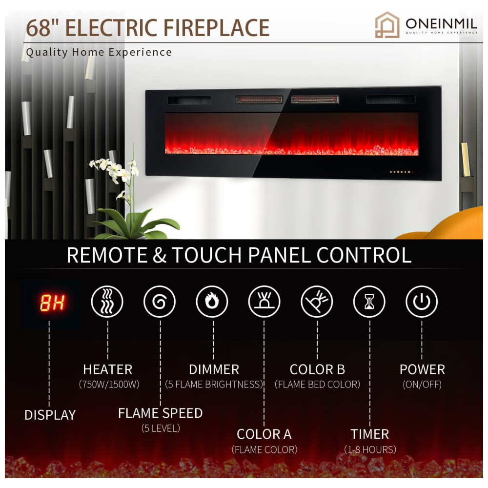 ectq95ffs6lc0b_4 jpg - Lareira Elétrica oneinmil de 173 cm, Embutida ou de Parede, Controle Remoto com Timer, 12 Cores de Chama Ajustáveis, Pedras de Cristal, 750W 1500W.