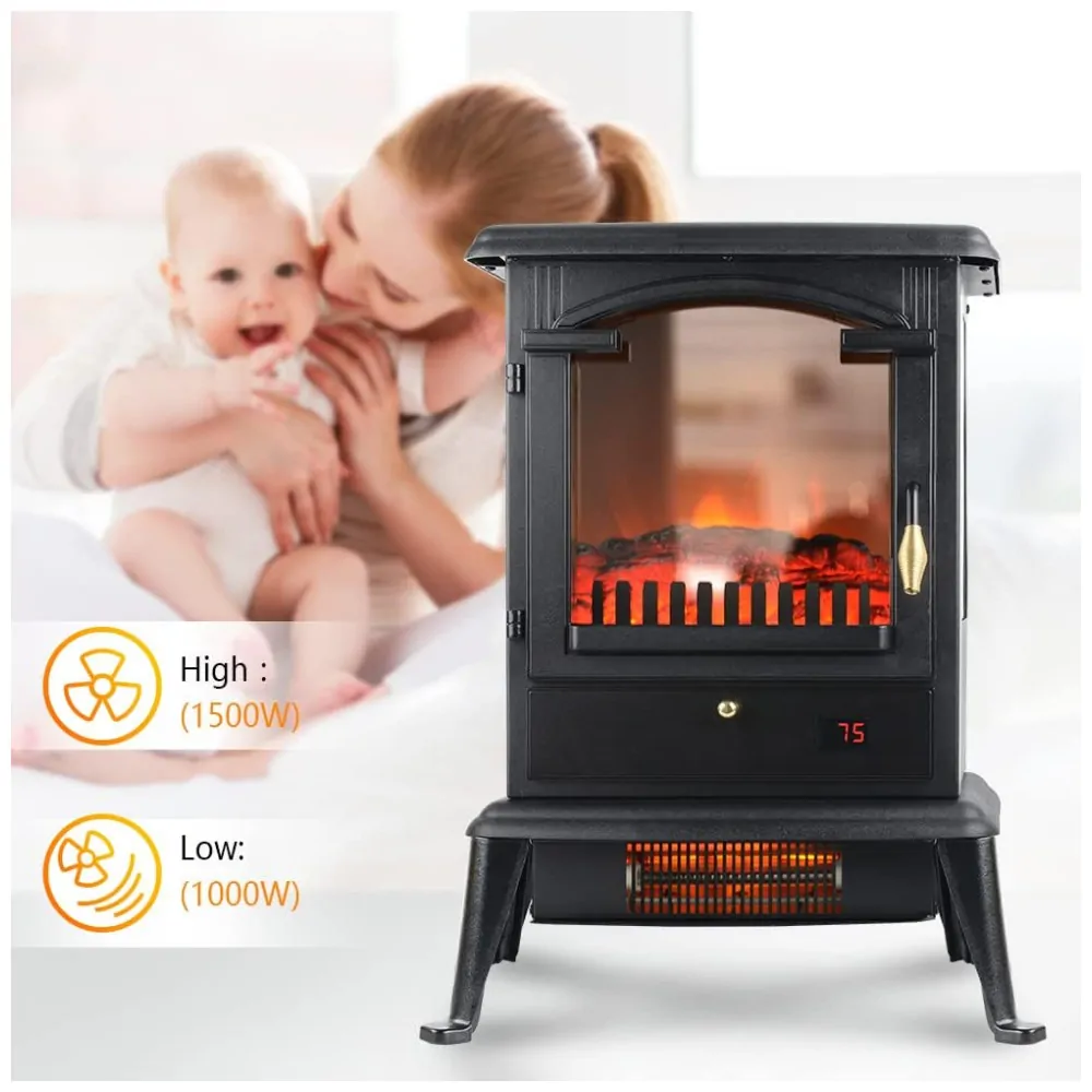 Lareira Elétrica Portátil com Controle Remoto e Segurança Contra Tombamento, 110V 1500W, VOLTORB, Preta