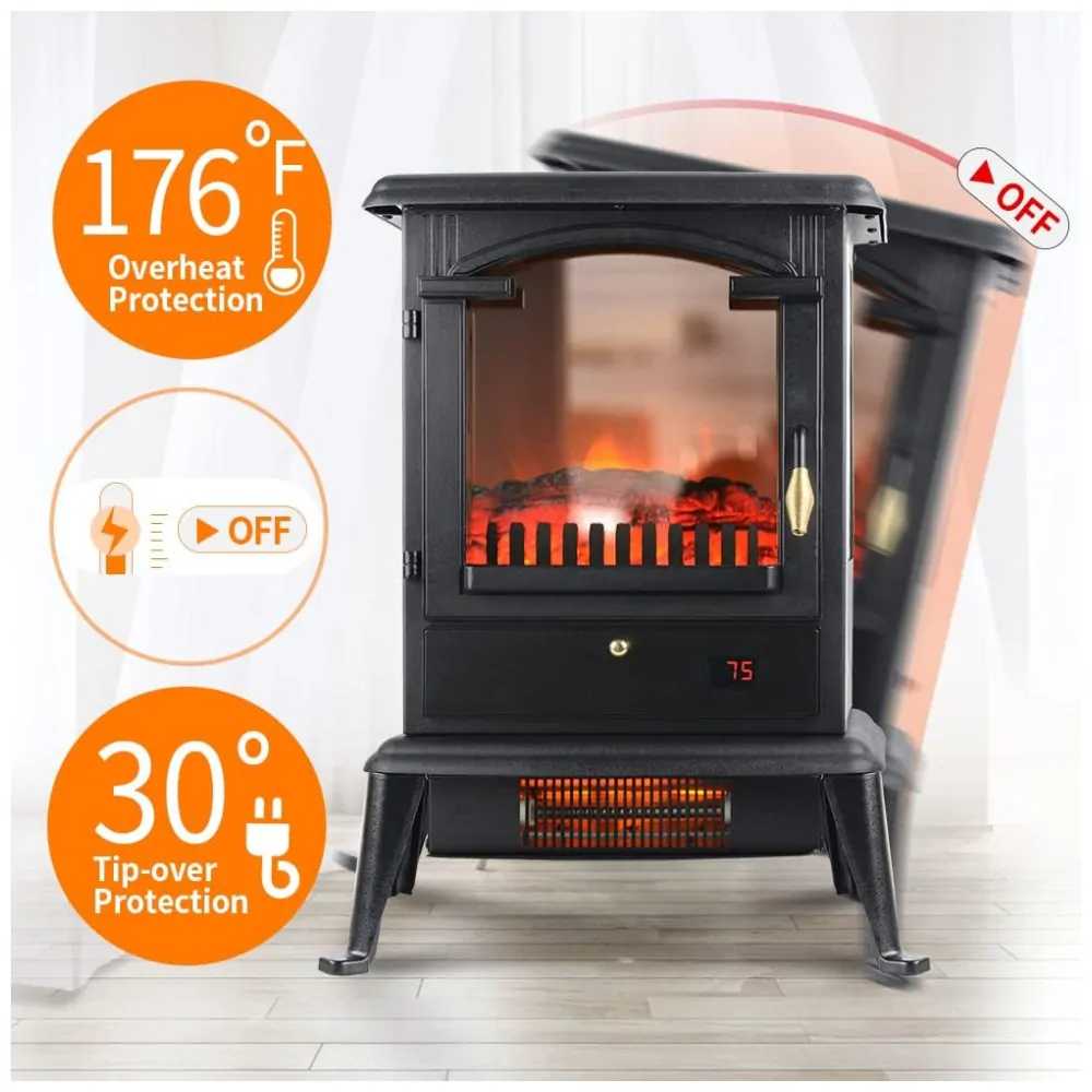 Lareira Elétrica Portátil com Controle Remoto e Segurança Contra Tombamento, 110V 1500W, VOLTORB, Preta