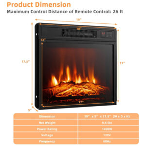 ectq9qjry9z70b_1 jpg - Lareira Elétrica de Embutir A44x48L com Controle Remoto e Luz de LED, 1400W, 110v, TANGKULA, Preto