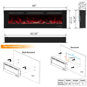 Lareira Elétrica de Embutir A44x172L com Temporizador e Chamas Realista, 110V 1500W, Oxhark Flame, Preta