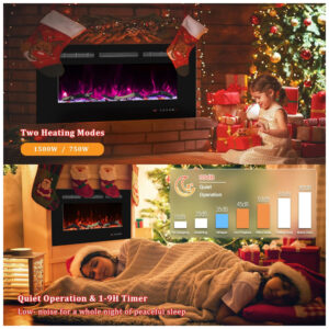 Lareira Elétrica de Embutir A44x172L com Temporizador e Chamas Realista, 110V 1500W, Oxhark Flame, Preta