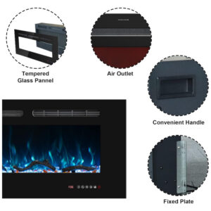 Lareira Elétrica de Embutir A44x172L com Temporizador e Chamas Realista, 110V 1500W, Oxhark Flame, Preta