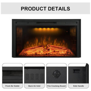 Lareira Elétrica de Embutir A69x109L com Crepitação de Som, 110V 1500W, Benrocks, Preta