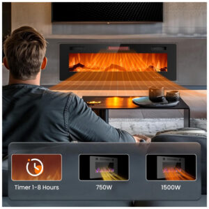 Lareira Elétrica de Embutir A45x127L cm com Chamas Ajustáveis, Temporizador, Controle Remoto e Digital, 110V 1500W, Joy Pebble, Preta