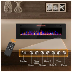 Lareira Elétrica de Embutir A45x127L cm com Chamas Ajustáveis, Temporizador, Controle Remoto e Digital, 110V 1500W, Joy Pebble, Preta