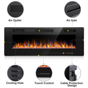 Lareira Elétrica de Embutir A45x127L cm com Chamas Ajustáveis, Temporizador, Controle Remoto e Digital, 110V 1500W, Joy Pebble, Preta