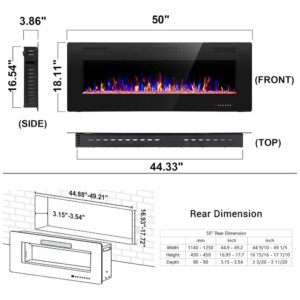 Lareira Elétrica de Embutir A45x127L cm com Chamas Ajustáveis, Temporizador, Controle Remoto e Digital, 110V 1500W, Joy Pebble, Preta