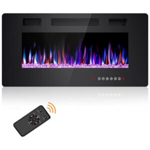 Lareira Elétrica Joy Pebble de 91 cm, Embutida ou de Parede, com Aquecedor 750 1500W, LED Touch, Controle Remoto, Timer, Chamas Ajustáveis em Cor