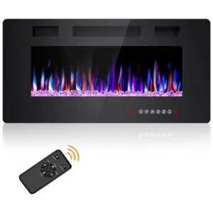 Lareira Elétrica Joy Pebble de 91 cm, Embutida ou de Parede, com Aquecedor 750 1500W, LED Touch, Controle Remoto, Timer, Chamas Ajustáveis em Cor
