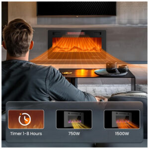 Lareira Elétrica Joy Pebble de 91 cm, Embutida ou de Parede, com Aquecedor 750 1500W, LED Touch, Controle Remoto, Timer, Chamas Ajustáveis em Cor