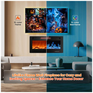 Lareira Elétrica Joy Pebble de 91 cm, Embutida ou de Parede, com Aquecedor 750 1500W, LED Touch, Controle Remoto, Timer, Chamas Ajustáveis em Cor