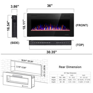 Lareira Elétrica Joy Pebble de 91 cm, Embutida ou de Parede, com Aquecedor 750 1500W, LED Touch, Controle Remoto, Timer, Chamas Ajustáveis em Cor