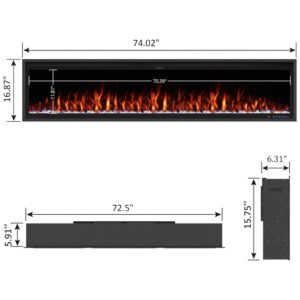Lareira Elétrica de Embutir A42x188L cm com Controle Remoto por APP, Wi Fi, Slim Recessed e 13 Cores de Chama, 110V 1500W, Benrocks BI74Z, Preta