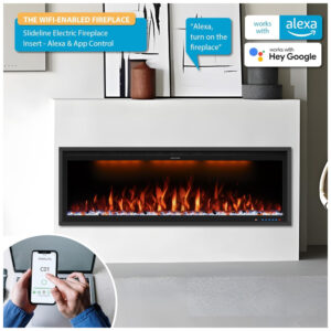 Lareira Elétrica de Embutir A42x188L cm com Controle Remoto por APP, Wi Fi, Slim Recessed e 13 Cores de Chama, 110V 1500W, Benrocks BI74Z, Preta