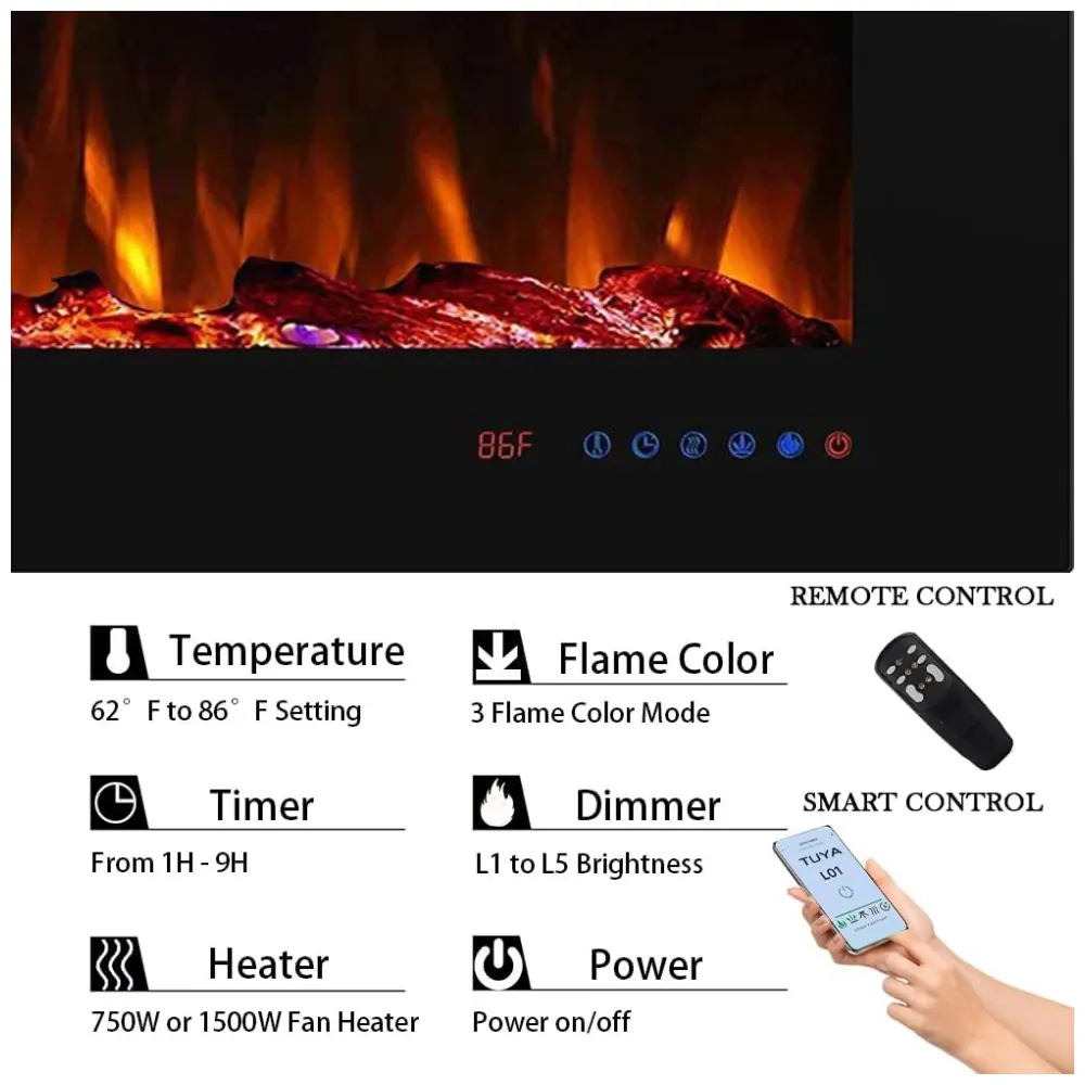ectqcfqz4y6d0b_5 jpg - Lareira Elétrica Inteligente de 127 cm com Wi Fi, 5 Ajustes de Chama, Troncos ou Cristais, Controle de Temperatura por Painel Touch, Masarflame