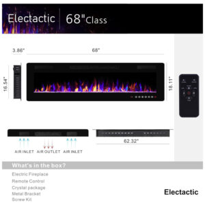 ectqctjm2ps90b_1 jpg - Lareira Elétrica de Embutir A45x172L com Controle Remoto e Digital, Luz LED, Chamas Multicolorida e Temporizador, 1500W, 110v, ELECTACTIC 868C3, Preto