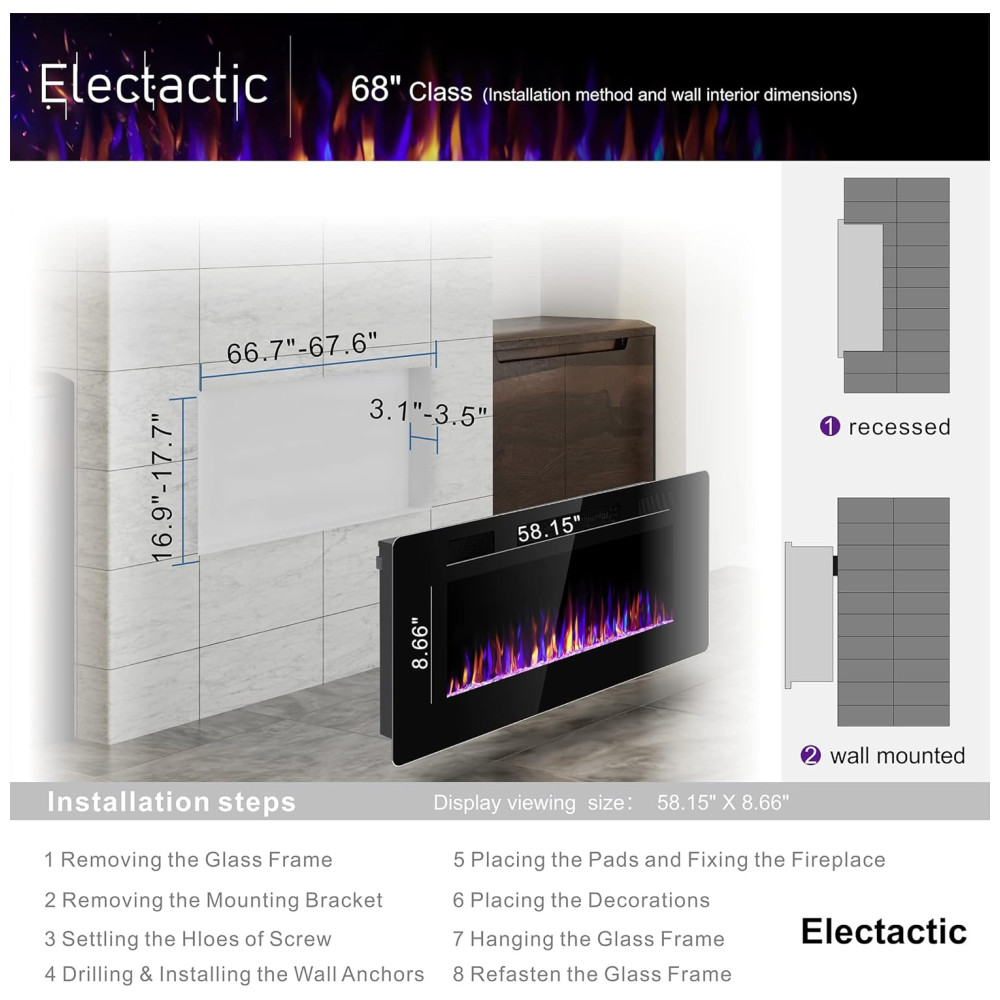 ectqctjm2ps90b_3 jpg - Lareira Elétrica de Embutir A45x172L com Controle Remoto e Digital, Luz LED, Chamas Multicolorida e Temporizador, 1500W, 110v, ELECTACTIC 868C3, Preto